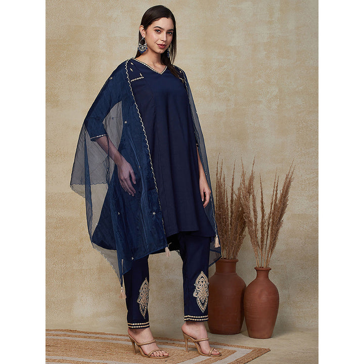 FASHOR Solid Embroidered Kurta with Pants & Dupatta - Blue (Set of 3)