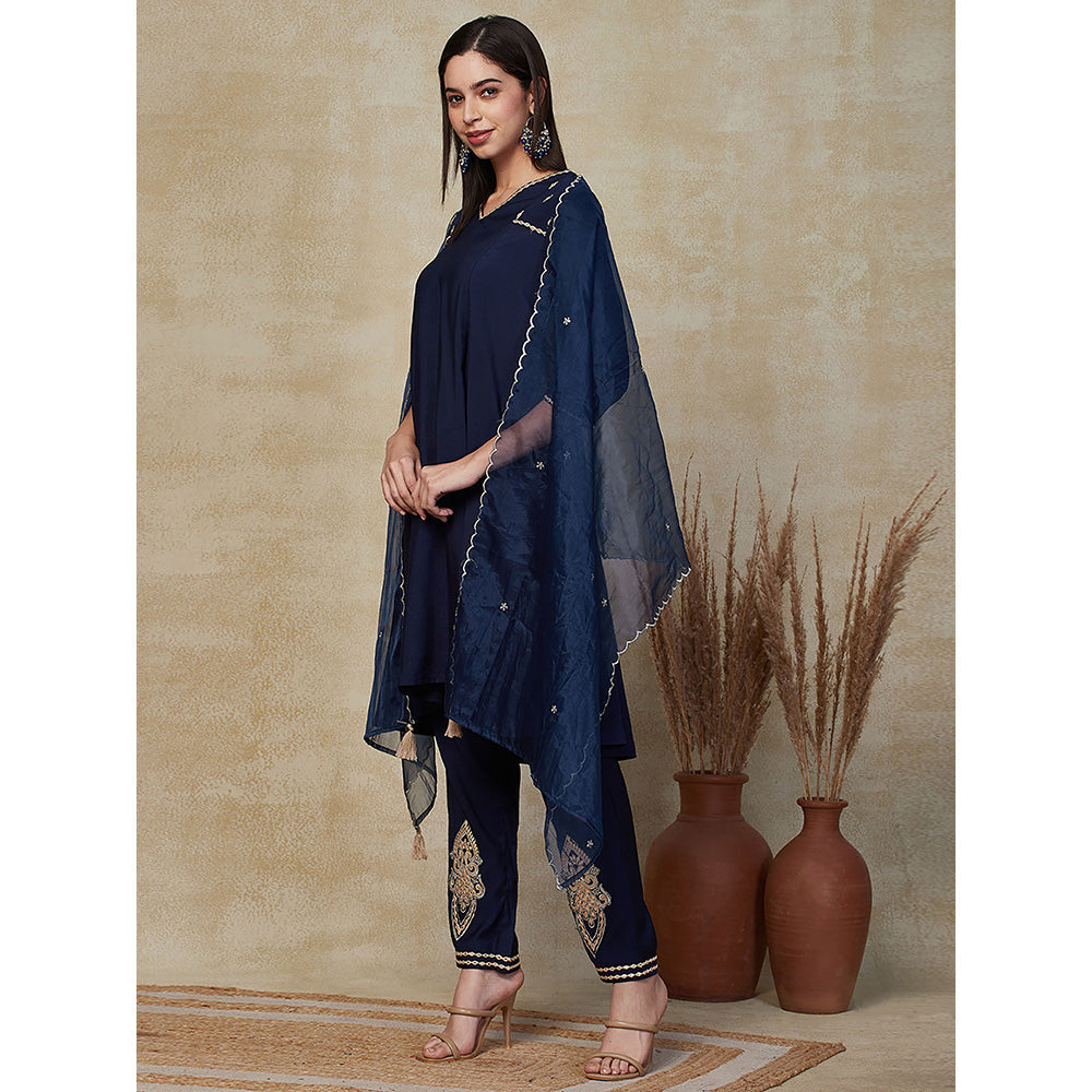 FASHOR Solid Embroidered Kurta with Pants & Dupatta - Blue (Set of 3)