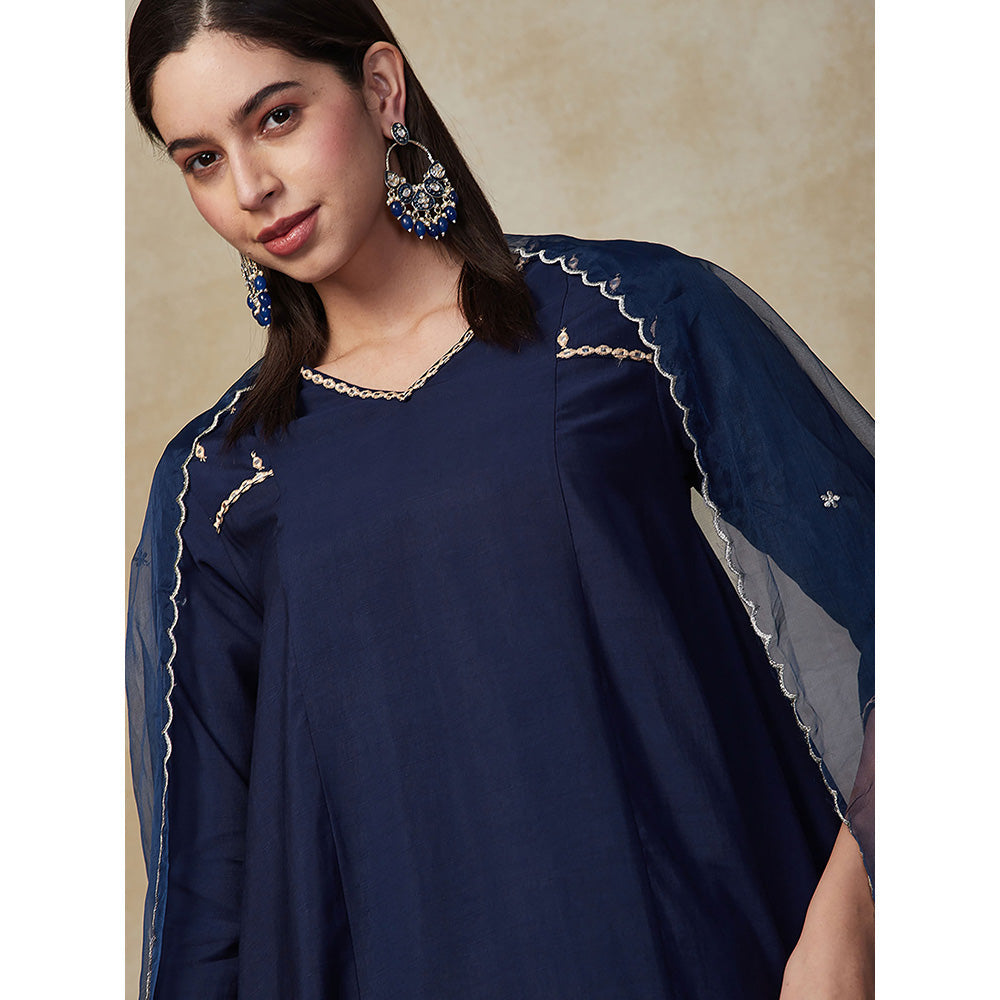 FASHOR Solid Embroidered Kurta with Pants & Dupatta - Blue (Set of 3)
