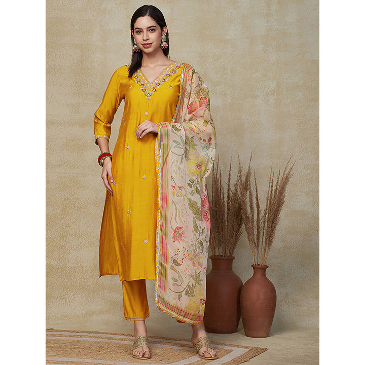 FASHOR Embroidered Kurta with Pants & Dupatta - Mustard (Set of 3)