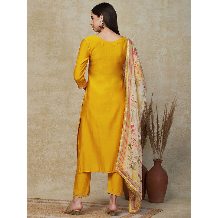 FASHOR Embroidered Kurta with Pants & Dupatta - Mustard (Set of 3)