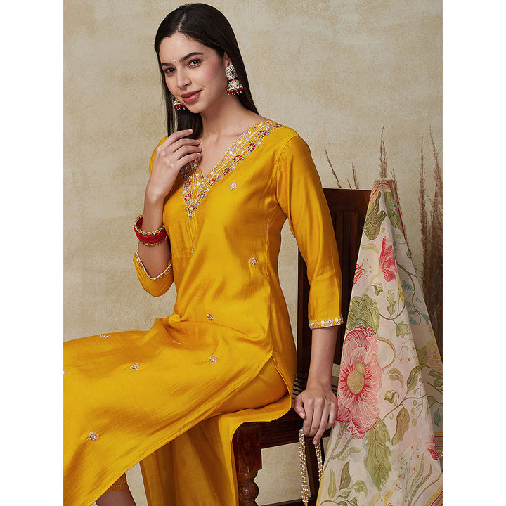 FASHOR Embroidered Kurta with Pants & Dupatta - Mustard (Set of 3)