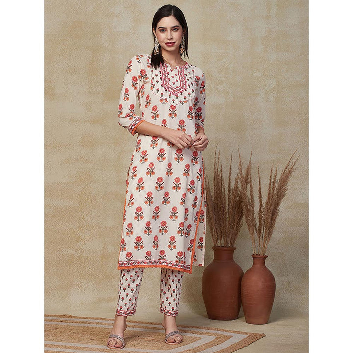 FASHOR Floral Printed Kurta with Pants & Dupatta - Off White (Set of 3)