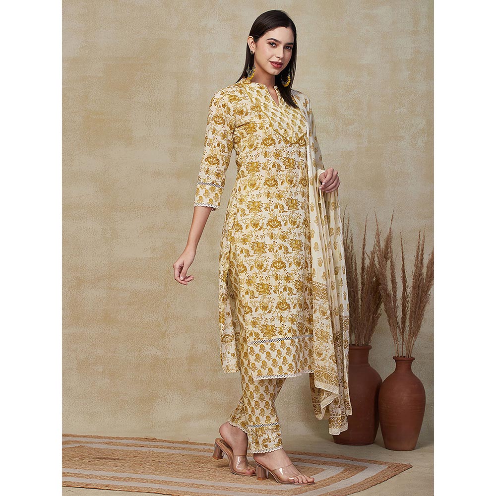 FASHOR Floral Printed Kurta with Pants & Dupatta - Mustard (Set of 3)