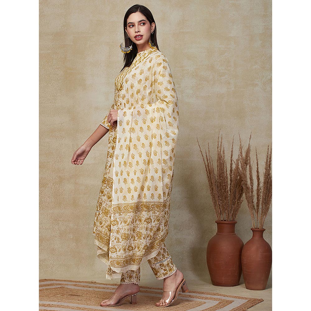 FASHOR Floral Printed Kurta with Pants & Dupatta - Mustard (Set of 3)