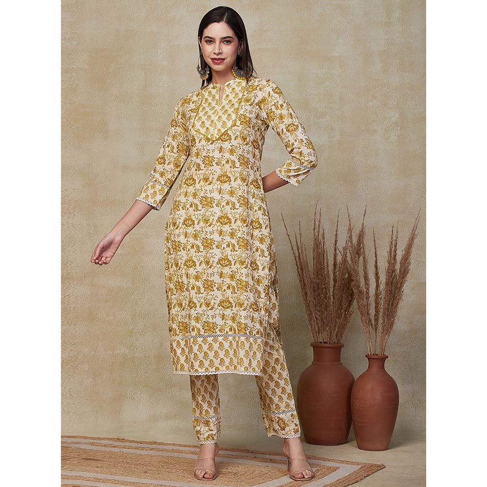 FASHOR Floral Printed Kurta with Pants & Dupatta - Mustard (Set of 3)