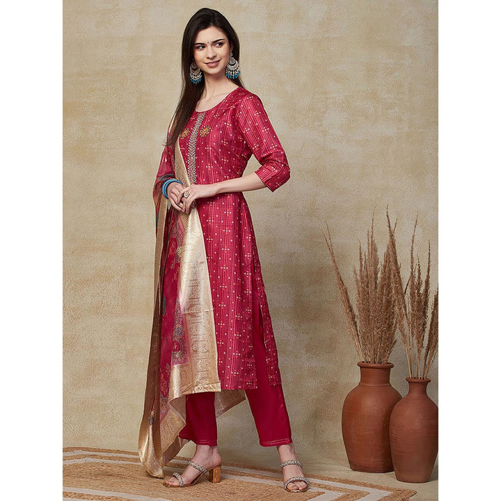 FASHOR Ethnic Printed Kurta with Pant & Dupatta - Fuchsia (Set of 3)