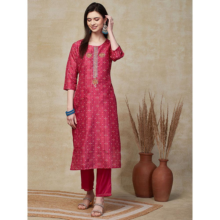 FASHOR Ethnic Printed Kurta with Pant & Dupatta - Fuchsia (Set of 3)