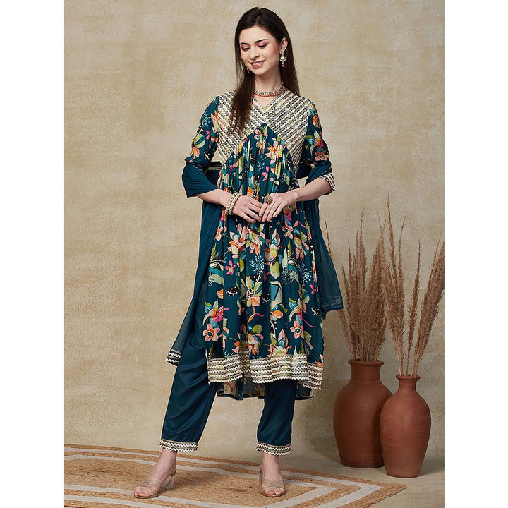 FASHOR Floral Printed Kurta with Pant & Dupatta - Teal Blue (Set of 3)