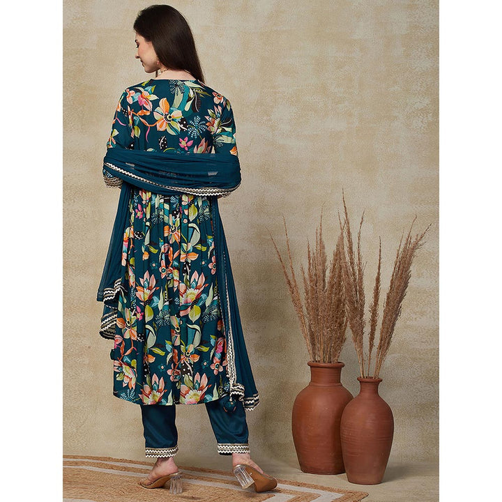 FASHOR Floral Printed Kurta with Pant & Dupatta - Teal Blue (Set of 3)