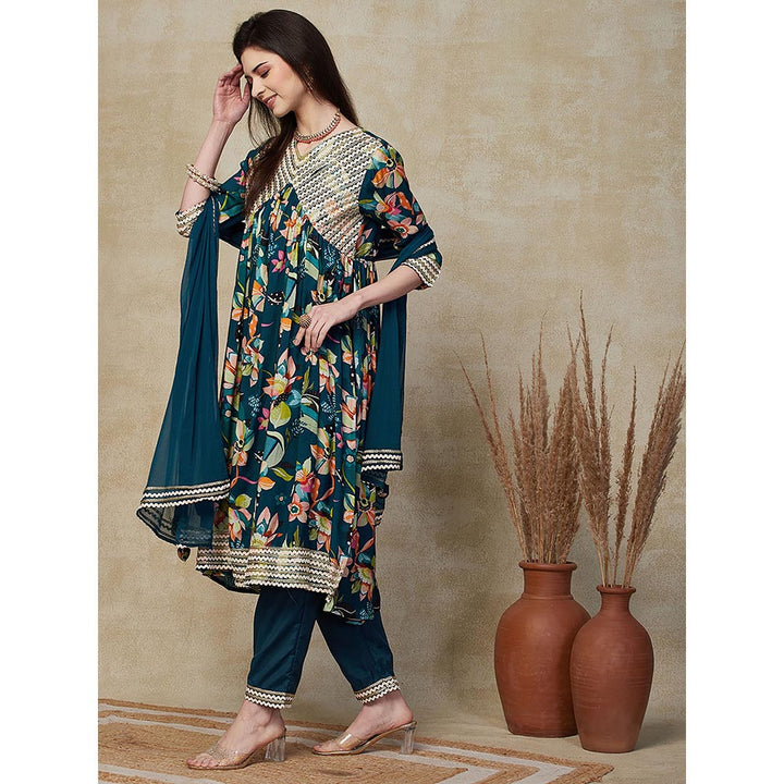 FASHOR Floral Printed Kurta with Pant & Dupatta - Teal Blue (Set of 3)