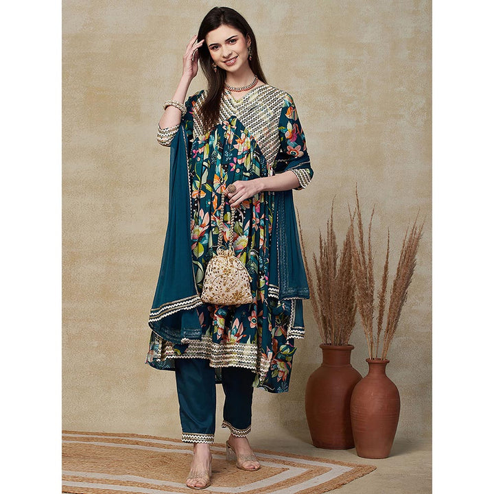 FASHOR Floral Printed Kurta with Pant & Dupatta - Teal Blue (Set of 3)