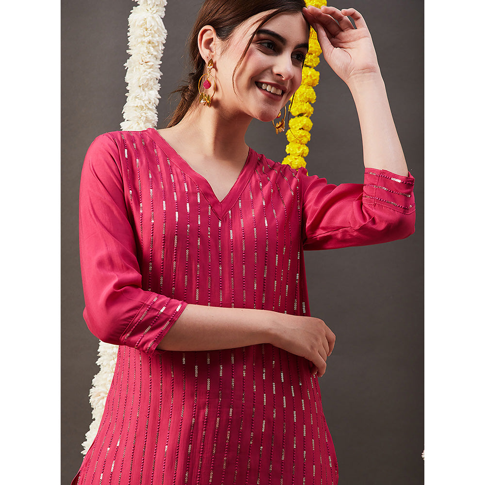 FASHOR Sequin Embroidered Kurta with Pant - Pink (Set of 2)