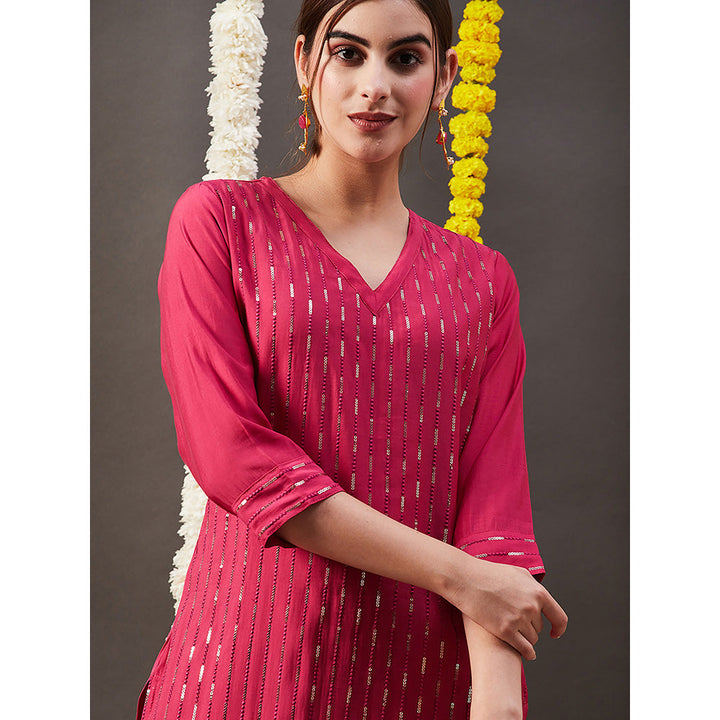 FASHOR Sequin Embroidered Kurta with Pant - Pink (Set of 2)