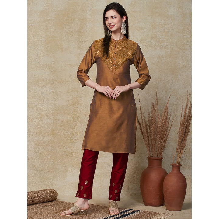 FASHOR Ethnic Embroidered Straight Fit Kurta - Brown