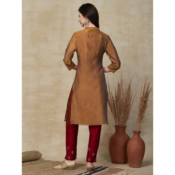 FASHOR Ethnic Embroidered Straight Fit Kurta - Brown