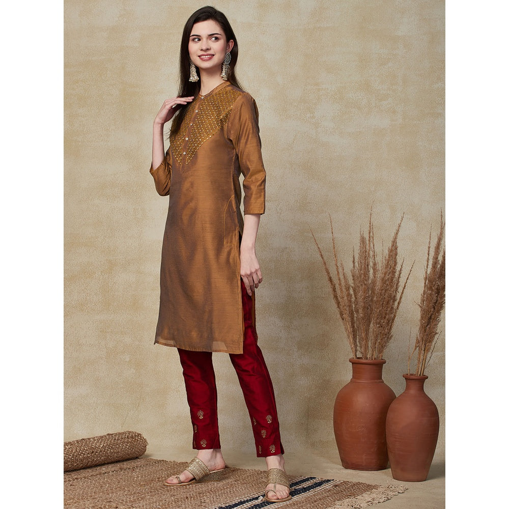 FASHOR Ethnic Embroidered Straight Fit Kurta - Brown