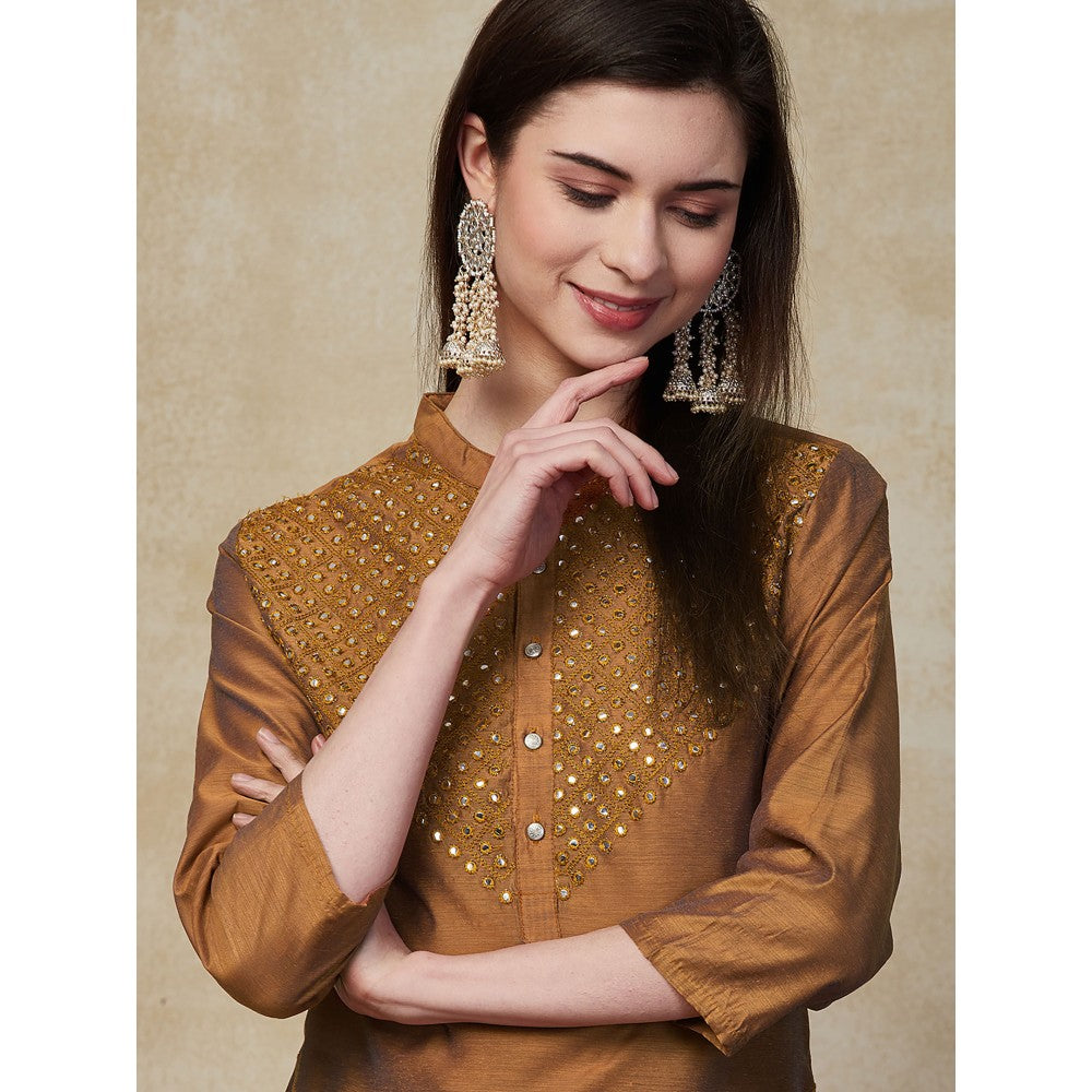 FASHOR Ethnic Embroidered Straight Fit Kurta - Brown