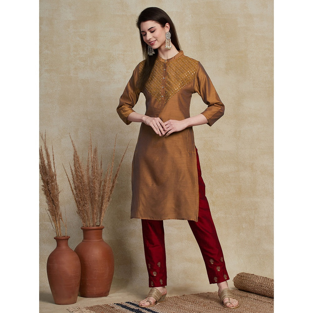 FASHOR Ethnic Embroidered Straight Fit Kurta - Brown