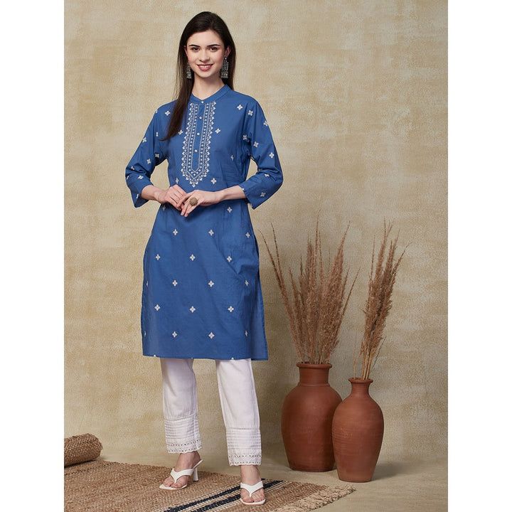 FASHOR Ethnic Embroidered Straight Fit Kurta - Blue