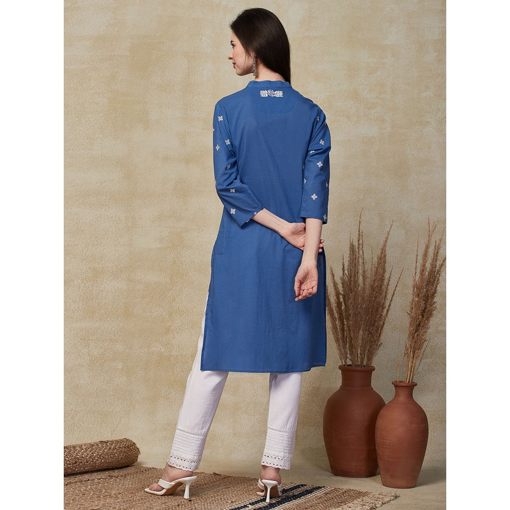 FASHOR Ethnic Embroidered Straight Fit Kurta - Blue