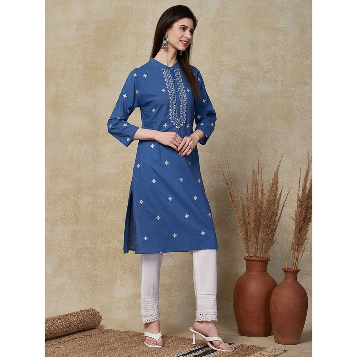 FASHOR Ethnic Embroidered Straight Fit Kurta - Blue