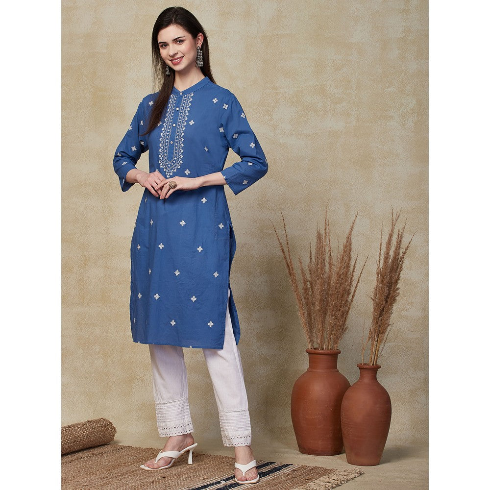 FASHOR Ethnic Embroidered Straight Fit Kurta - Blue