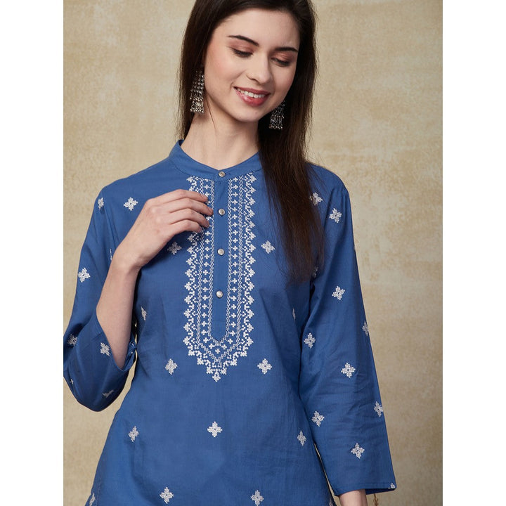 FASHOR Ethnic Embroidered Straight Fit Kurta - Blue