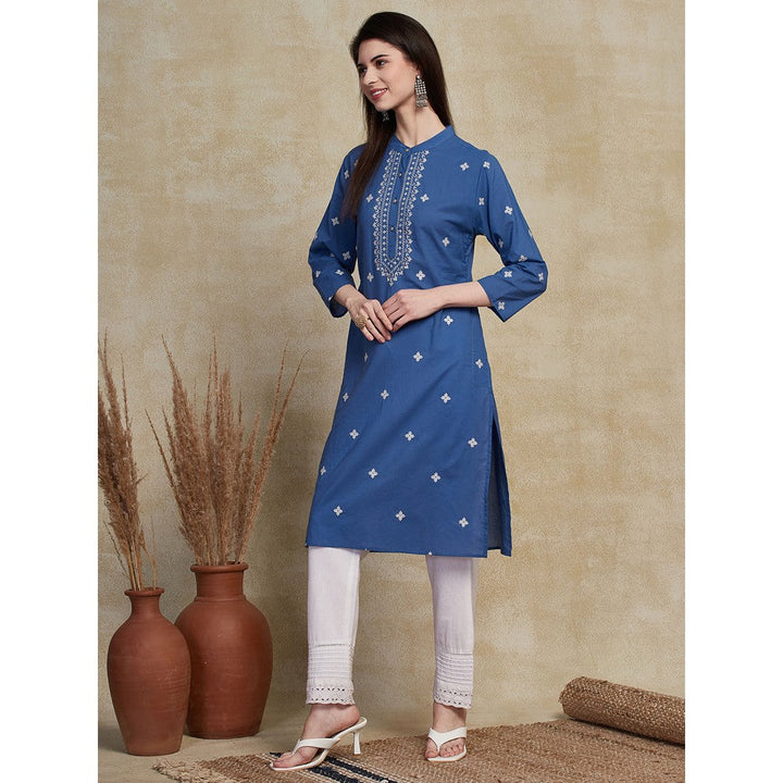 FASHOR Ethnic Embroidered Straight Fit Kurta - Blue