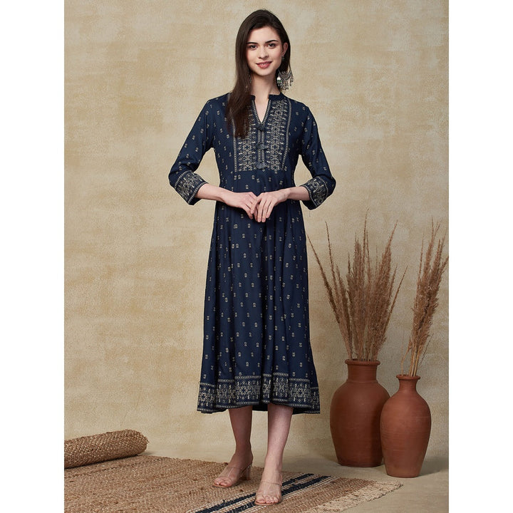 FASHOR Ethnic Foil Printed Anarkali Midi Dress - Navy Blue