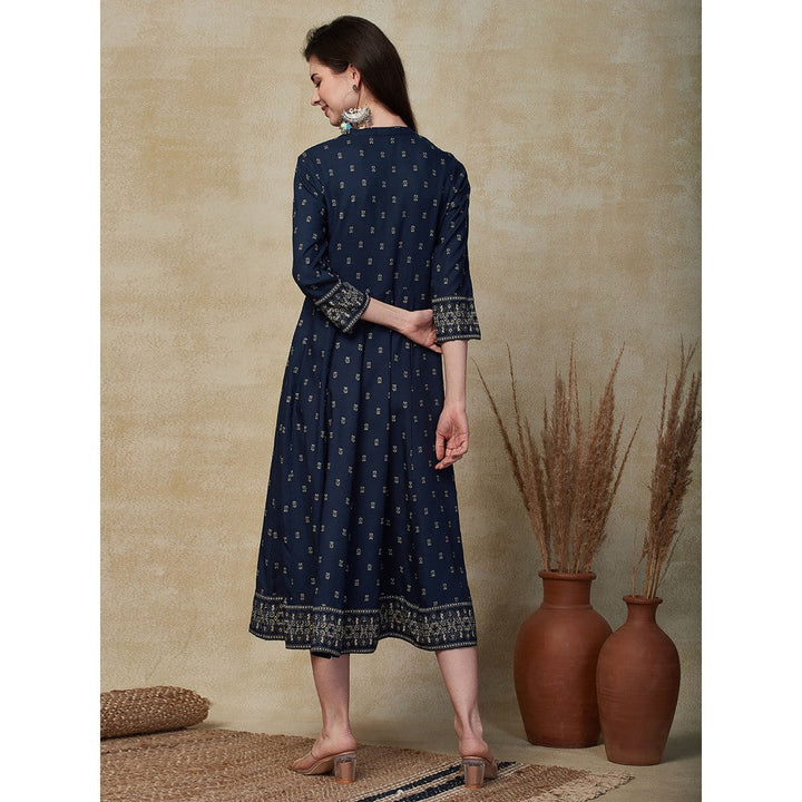 FASHOR Ethnic Foil Printed Anarkali Midi Dress - Navy Blue