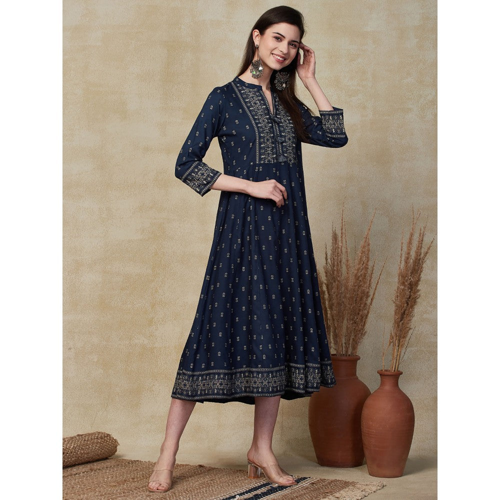 FASHOR Ethnic Foil Printed Anarkali Midi Dress - Navy Blue