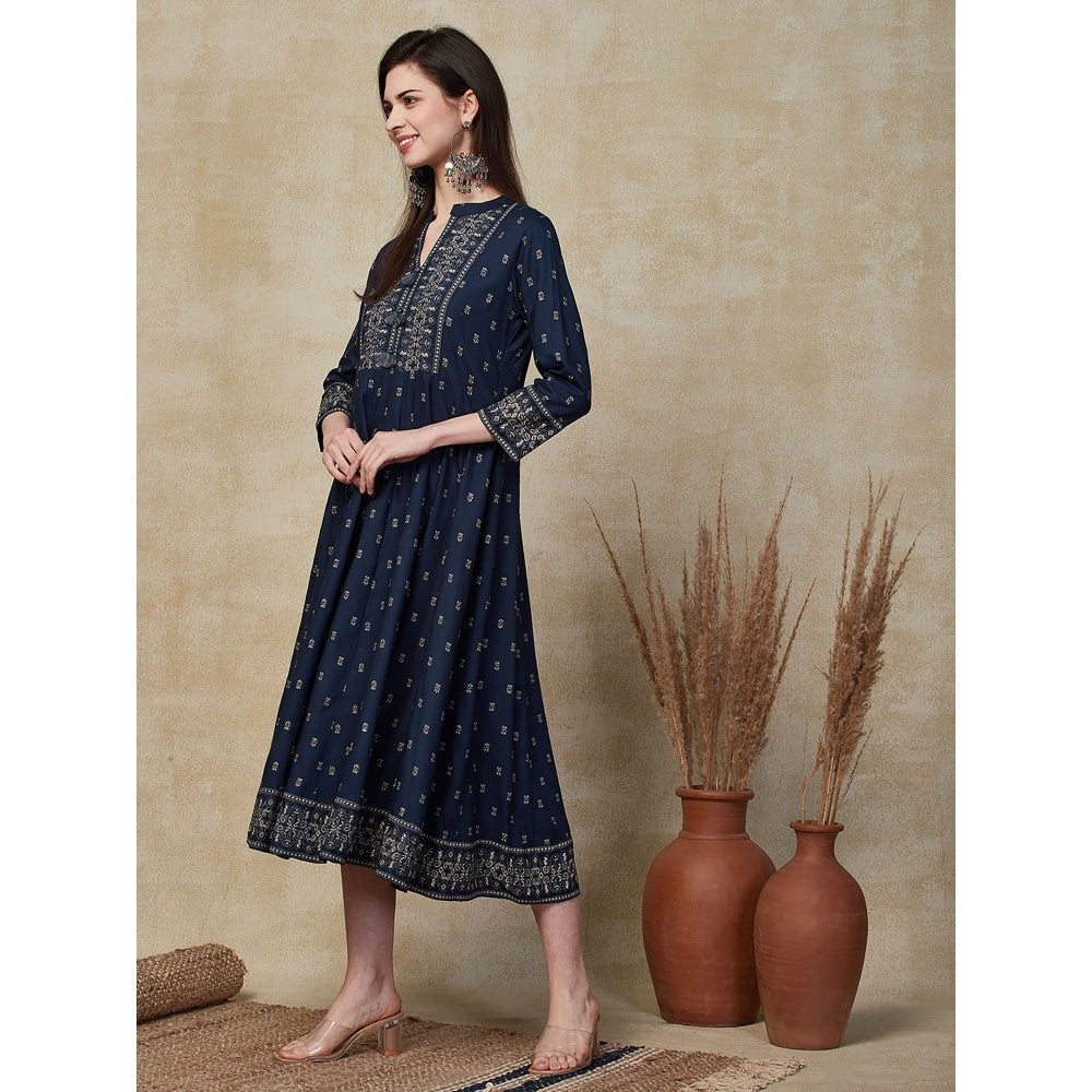 FASHOR Ethnic Foil Printed Anarkali Midi Dress - Navy Blue