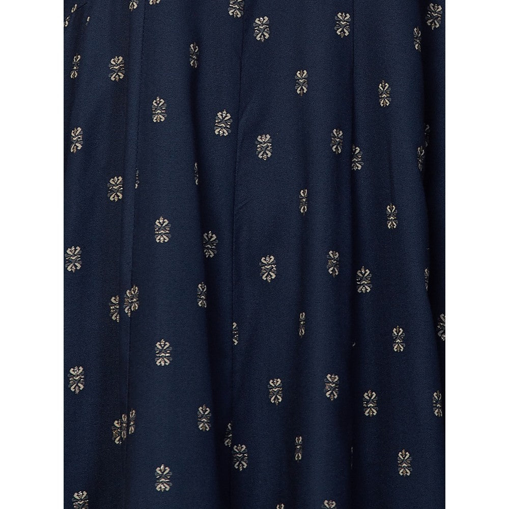 FASHOR Ethnic Foil Printed Anarkali Midi Dress - Navy Blue