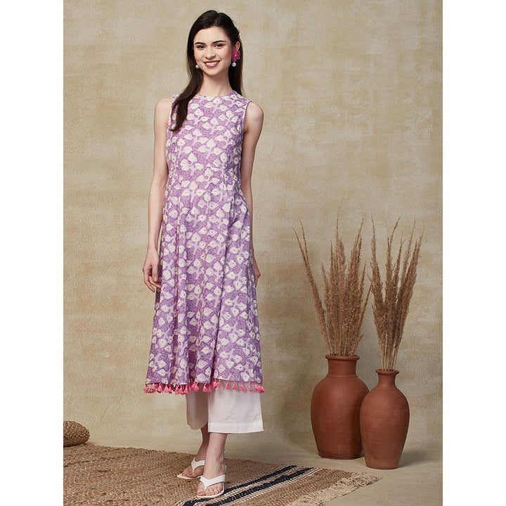 FASHOR Foil Printed Flared Kurta with Palazzo - Lavender (Set of 2)