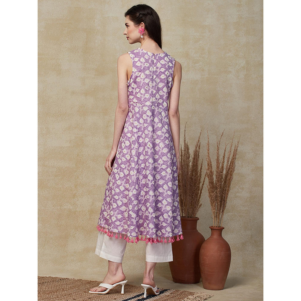 FASHOR Foil Printed Flared Kurta with Palazzo - Lavender (Set of 2)