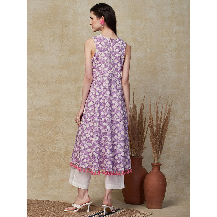 FASHOR Foil Printed Flared Kurta with Palazzo - Lavender (Set of 2)