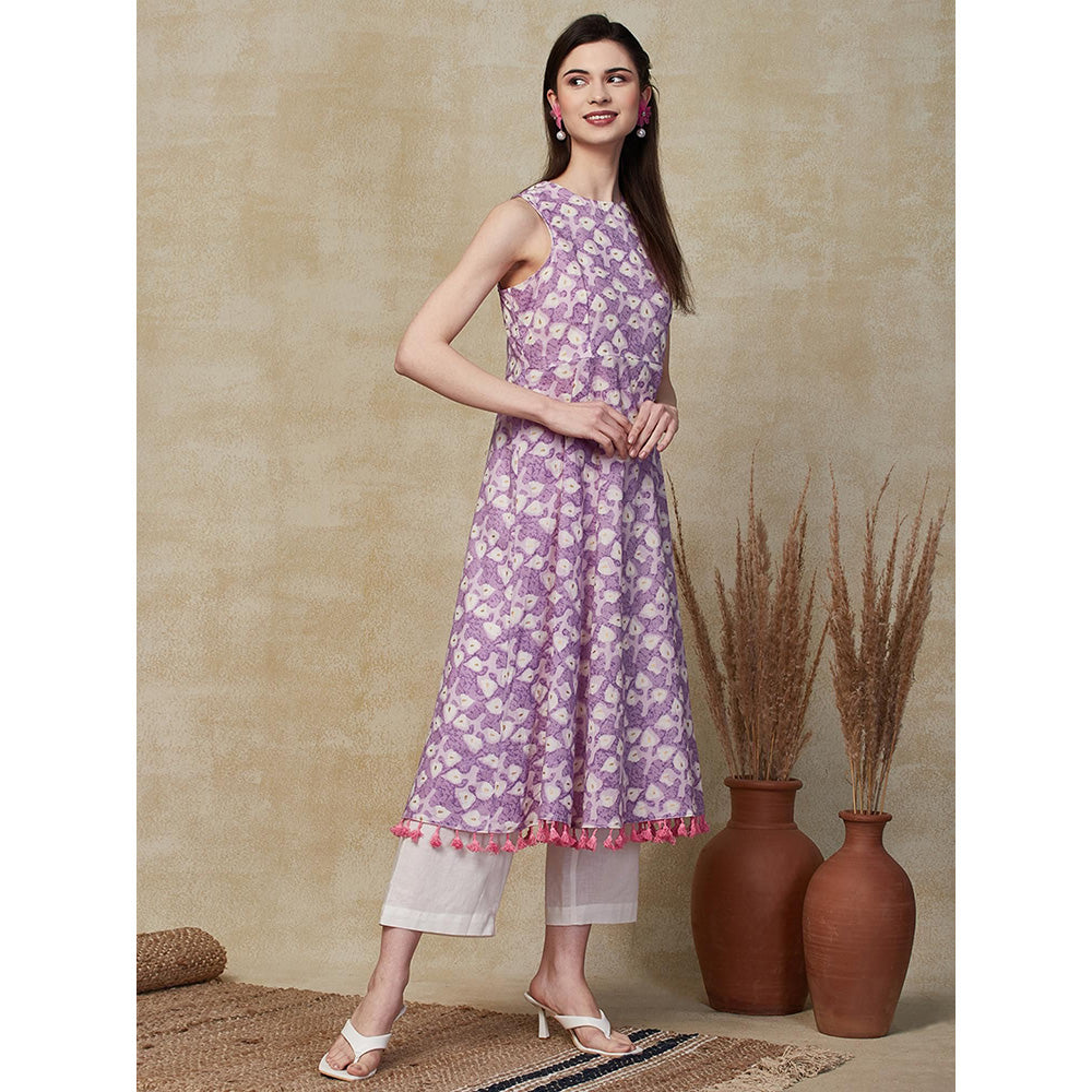 FASHOR Foil Printed Flared Kurta with Palazzo - Lavender (Set of 2)