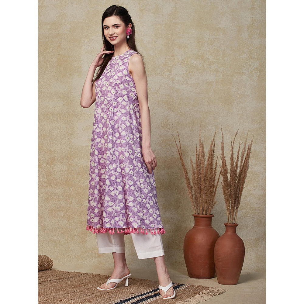 FASHOR Foil Printed Flared Kurta with Palazzo - Lavender (Set of 2)