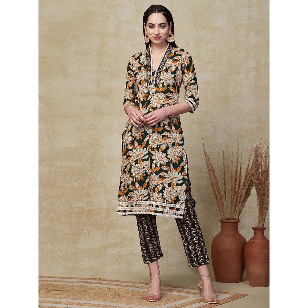 FASHOR Floral Printed Kurta with Pant & Dupatta - Green (Set of 3)