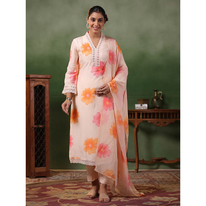 FASHOR Floral Printed Kurta with Pants & Dupatta - Light Peach (Set of 3)