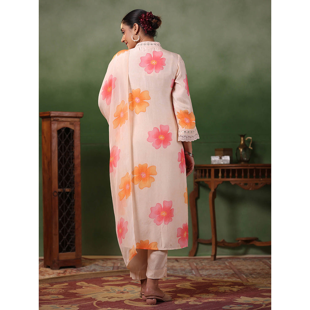 FASHOR Floral Printed Kurta with Pants & Dupatta - Light Peach (Set of 3)