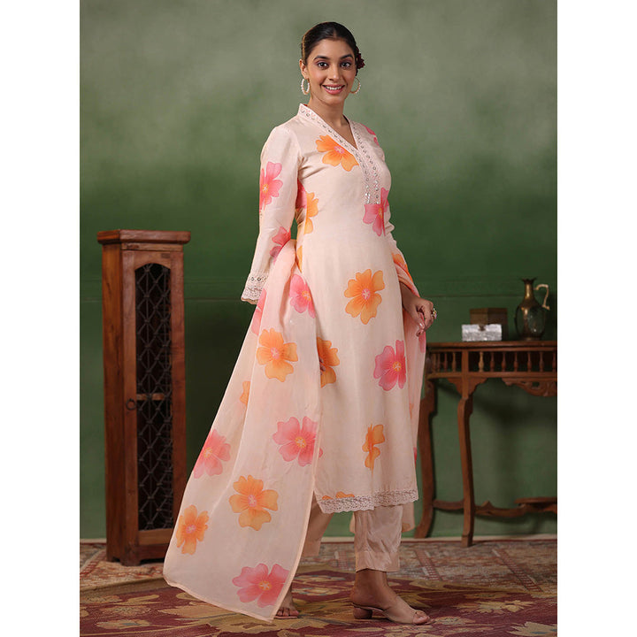 FASHOR Floral Printed Kurta with Pants & Dupatta - Light Peach (Set of 3)