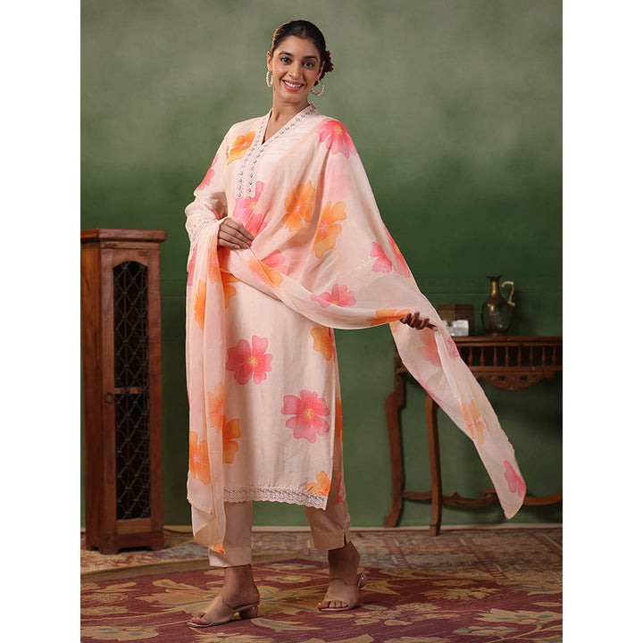 FASHOR Floral Printed Kurta with Pants & Dupatta - Light Peach (Set of 3)