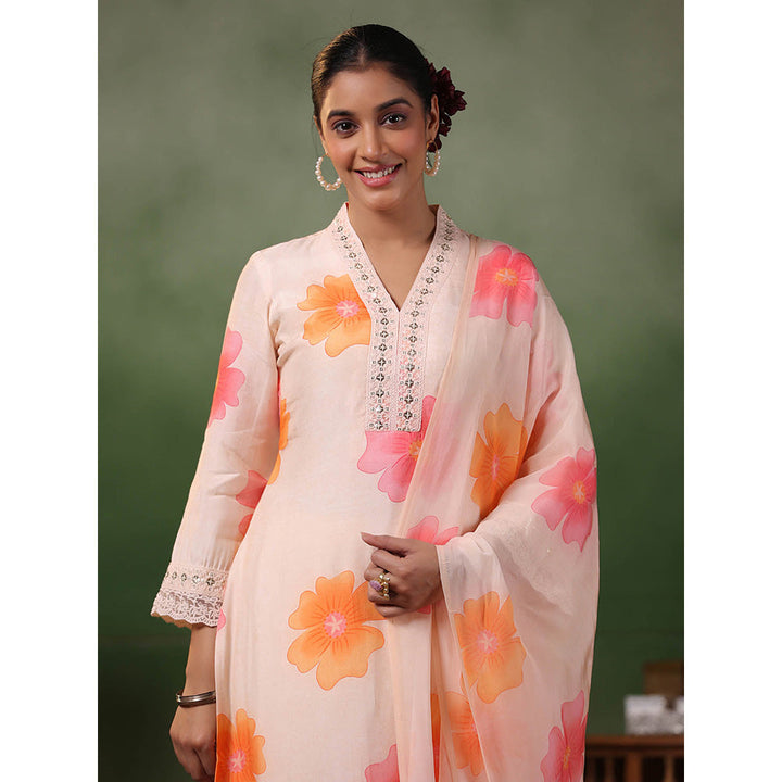 FASHOR Floral Printed Kurta with Pants & Dupatta - Light Peach (Set of 3)