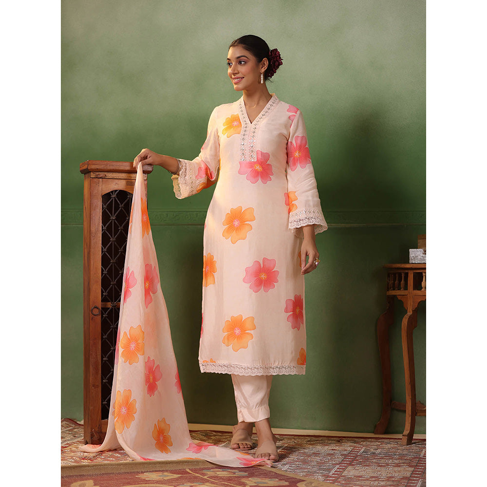 FASHOR Floral Printed Kurta with Pants & Dupatta - Light Peach (Set of 3)