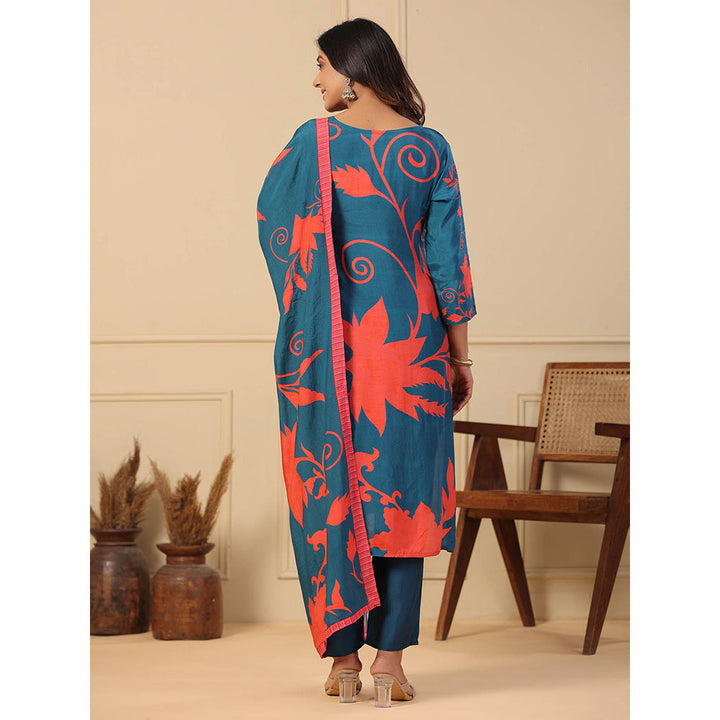 FASHOR Floral Printed Kurta with Pants & Dupatta - Teal (Set of 3)