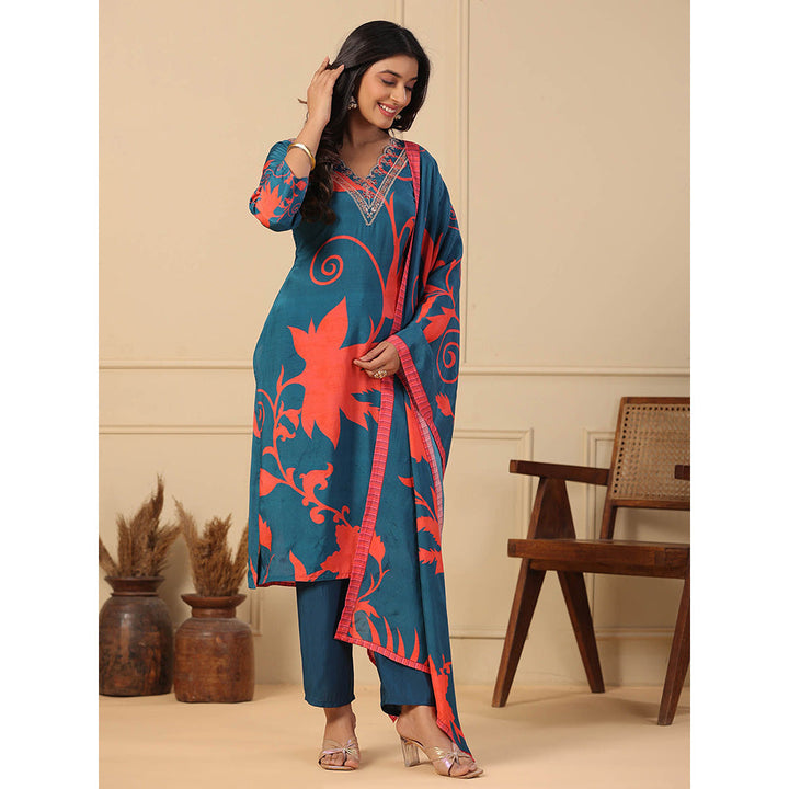 FASHOR Floral Printed Kurta with Pants & Dupatta - Teal (Set of 3)