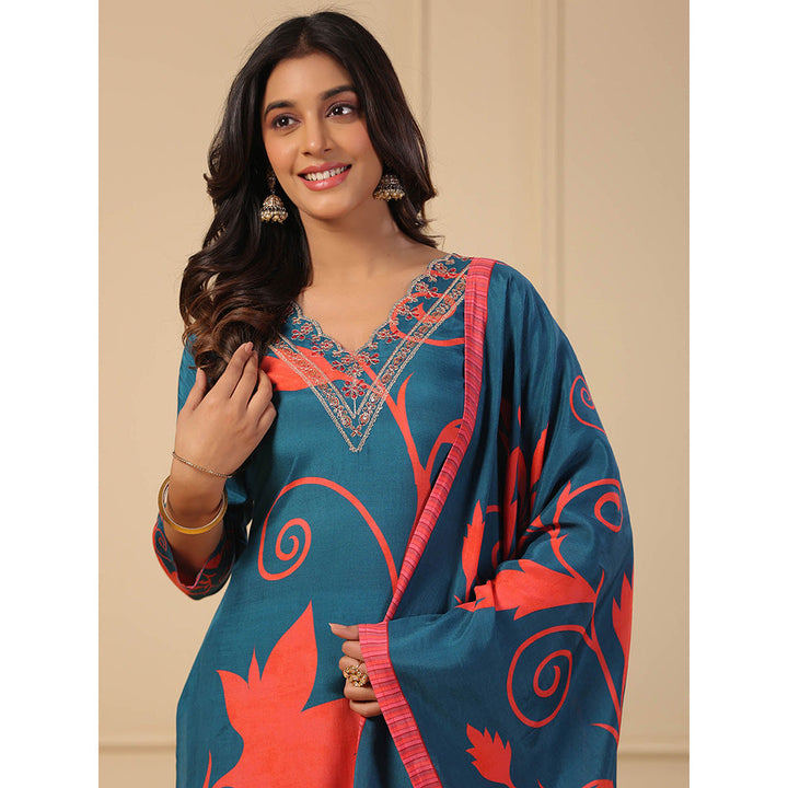 FASHOR Floral Printed Kurta with Pants & Dupatta - Teal (Set of 3)