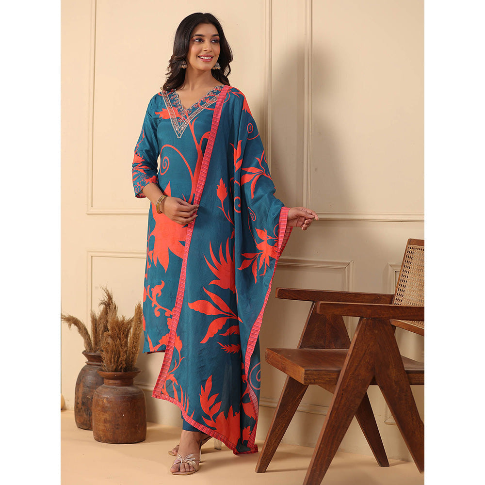 FASHOR Floral Printed Kurta with Pants & Dupatta - Teal (Set of 3)